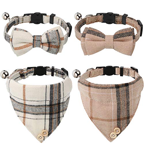 4 Pieces Breakaway Cat Collar Bandana with Plaid Scarf and Bowtie Bell C860