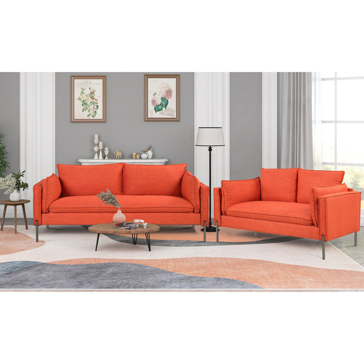 Orange Linen Loveseat and 3 Seat Couch Set T78138