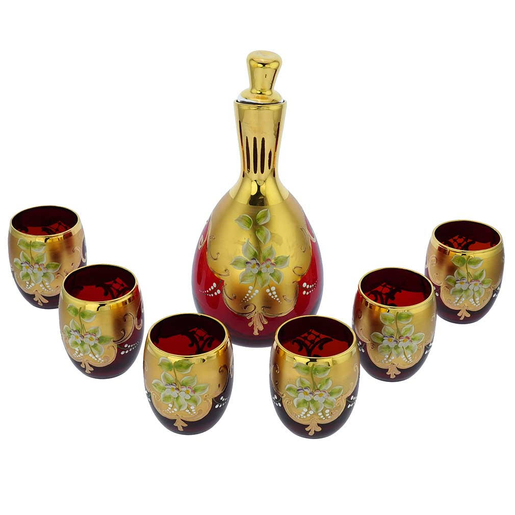 Murano Glass Decanter Set with 6 Wine Glasses 24K Gold Red U497666