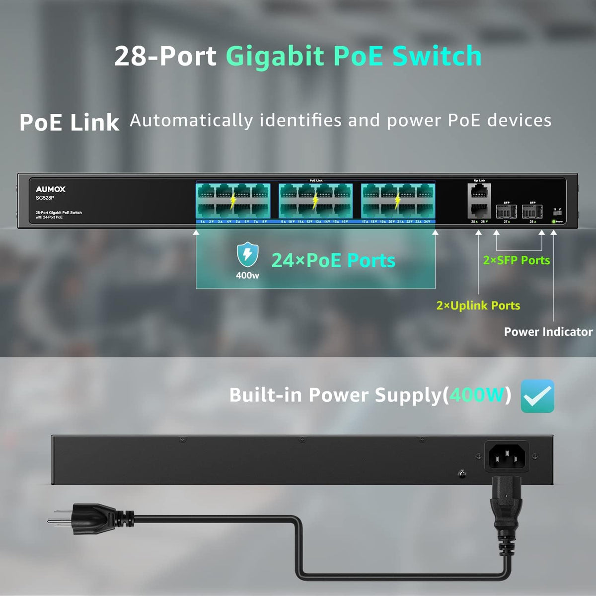 28-Port Gigabit PoE Switch with 24 x PoE 400W, 2 x Uplink Gigabit Ports, 2 x 1G SFP Slots, Rackmount or Desktop, Unmanaged J7007