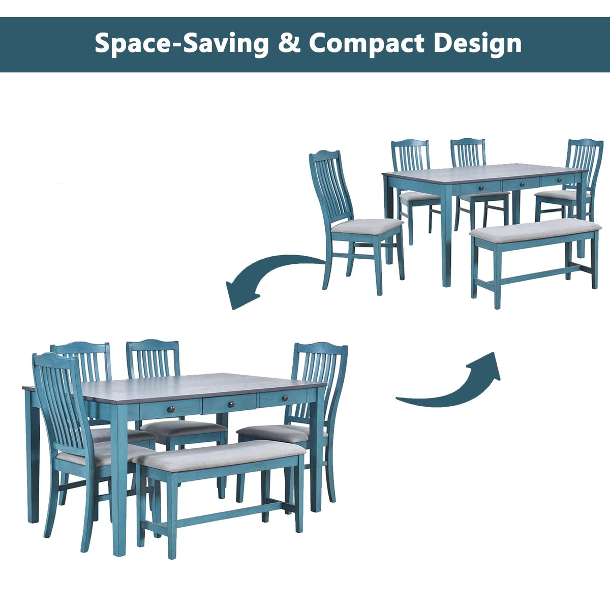 6 Piece Wood Dining Table Set with 4 Upholstered Chairs and Bench H997