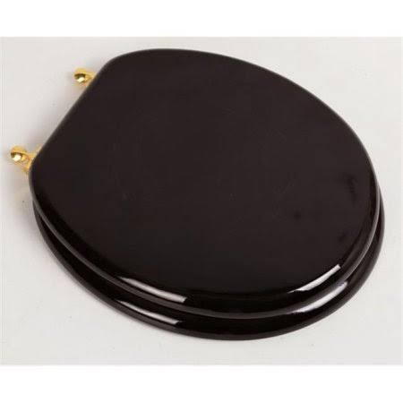 Dark Brown Oak Wood Toilet Seat with Polished Brass Hinges E3016