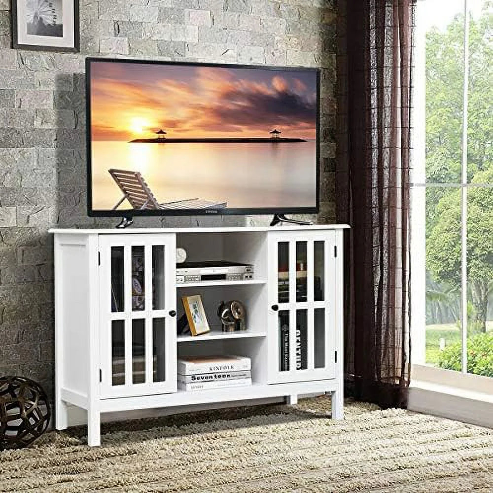 White Modern TV Stand up to 50 Inch with 2 Cabinets and 3 Open Shelves X123620