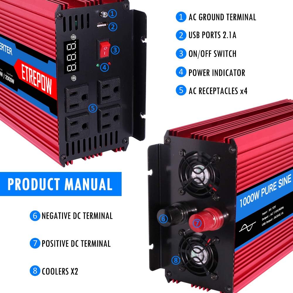 1000 Watt Pure Sine Wave Power Inverter 12V DC to 110V AC Z641