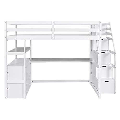 White Solid Wood Twin Loft Bed with Stairs and Desk H25697