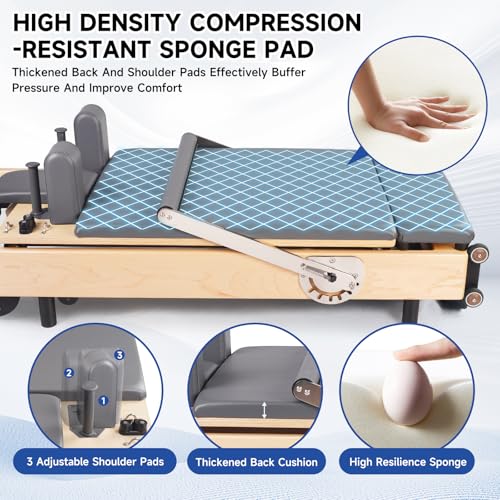 Foldable Wood Pilates Reformer with Sitting Box, Jump Board and Anti-Slip Mat J866