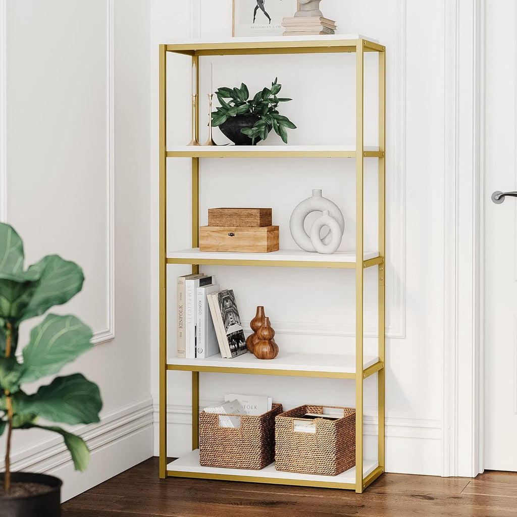 Gold/White 5-Shelf Bookcase with Metal Frame and Wood Shelves P8112