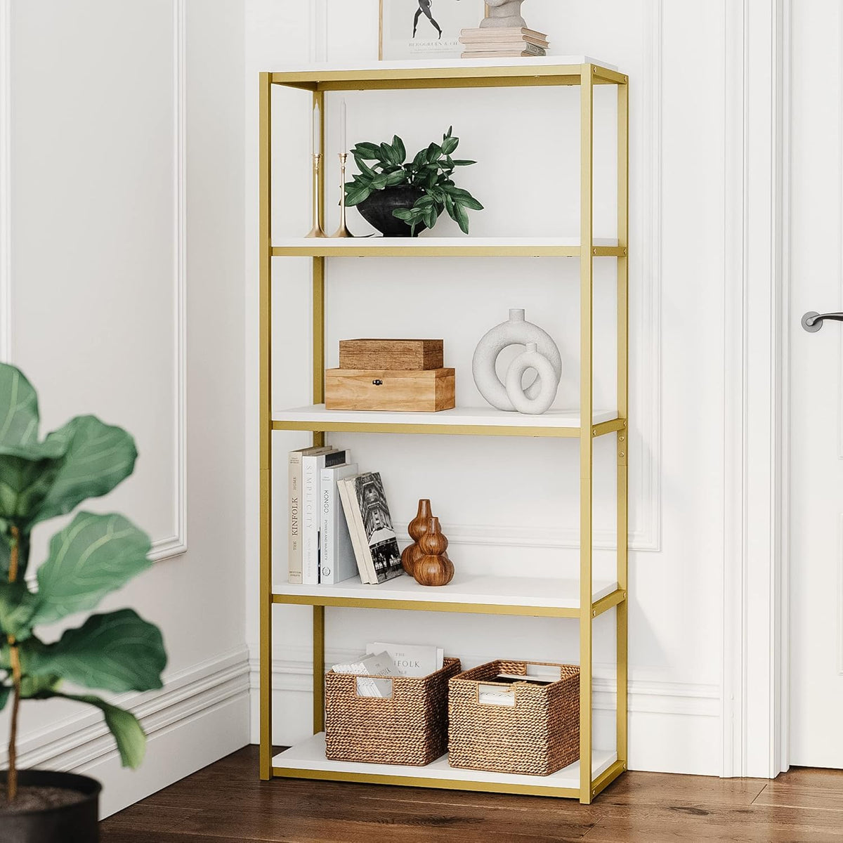 Gold/White 5-Shelf Bookcase with Metal Frame and Wood Shelves P8112