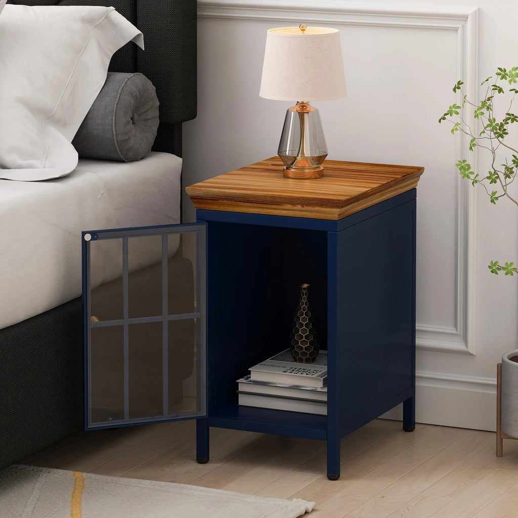 Nightstand with Storage Cabinet & Solid Wood Tabletop, Dark Blue U24276