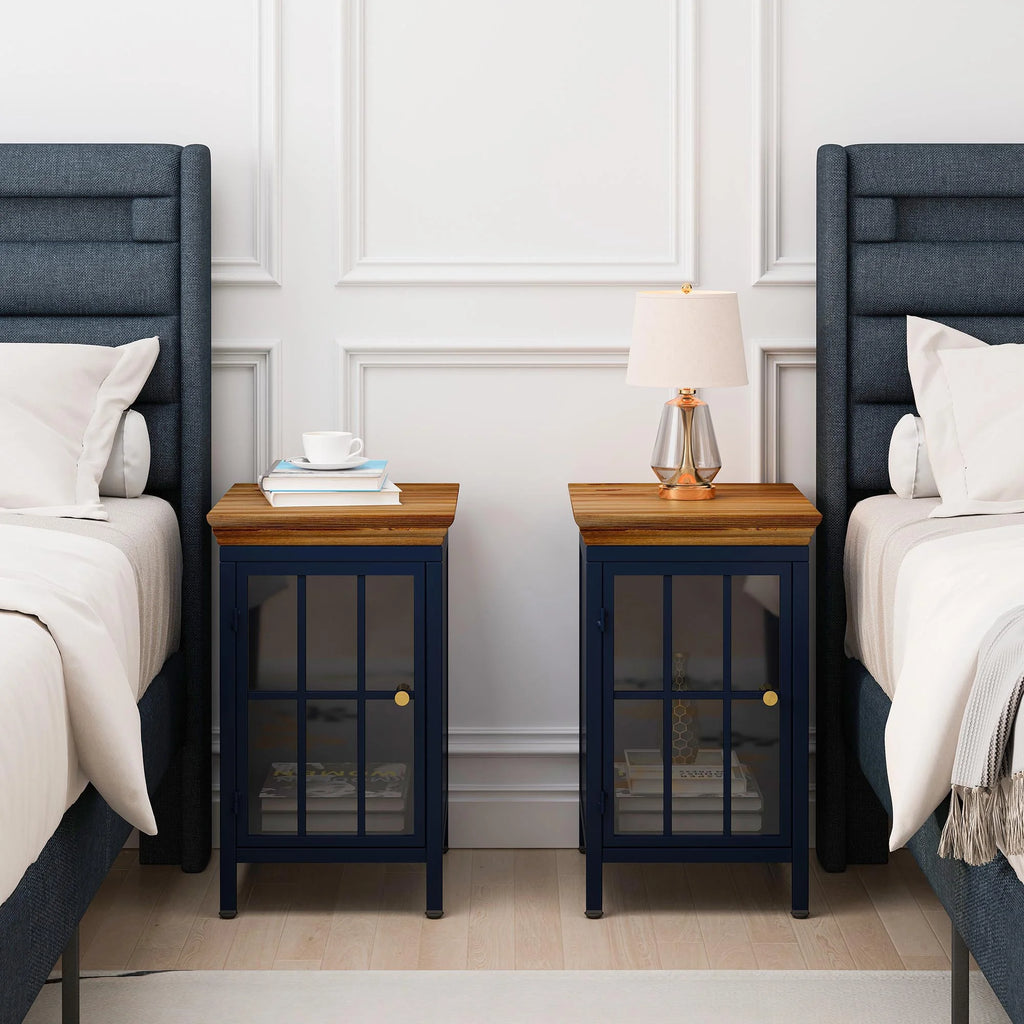Nightstand with Storage Cabinet & Solid Wood Tabletop, Dark Blue U24276
