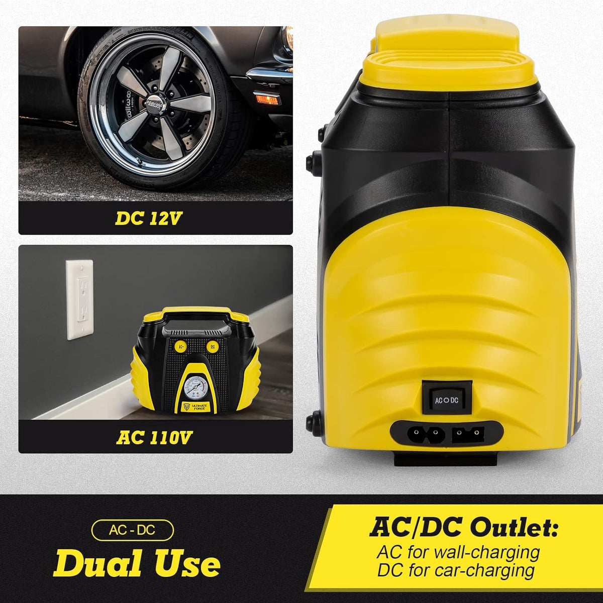 Portable Tire Inflator 12 V Air Compressor Pump with Dual Power, 3 Air Nozzle and Carrying Case, Yellow P99854