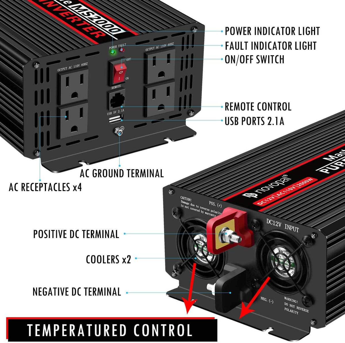 2000 Watt 12V DC to 110V AC Power Inverter with 4 AC Outlets P57042