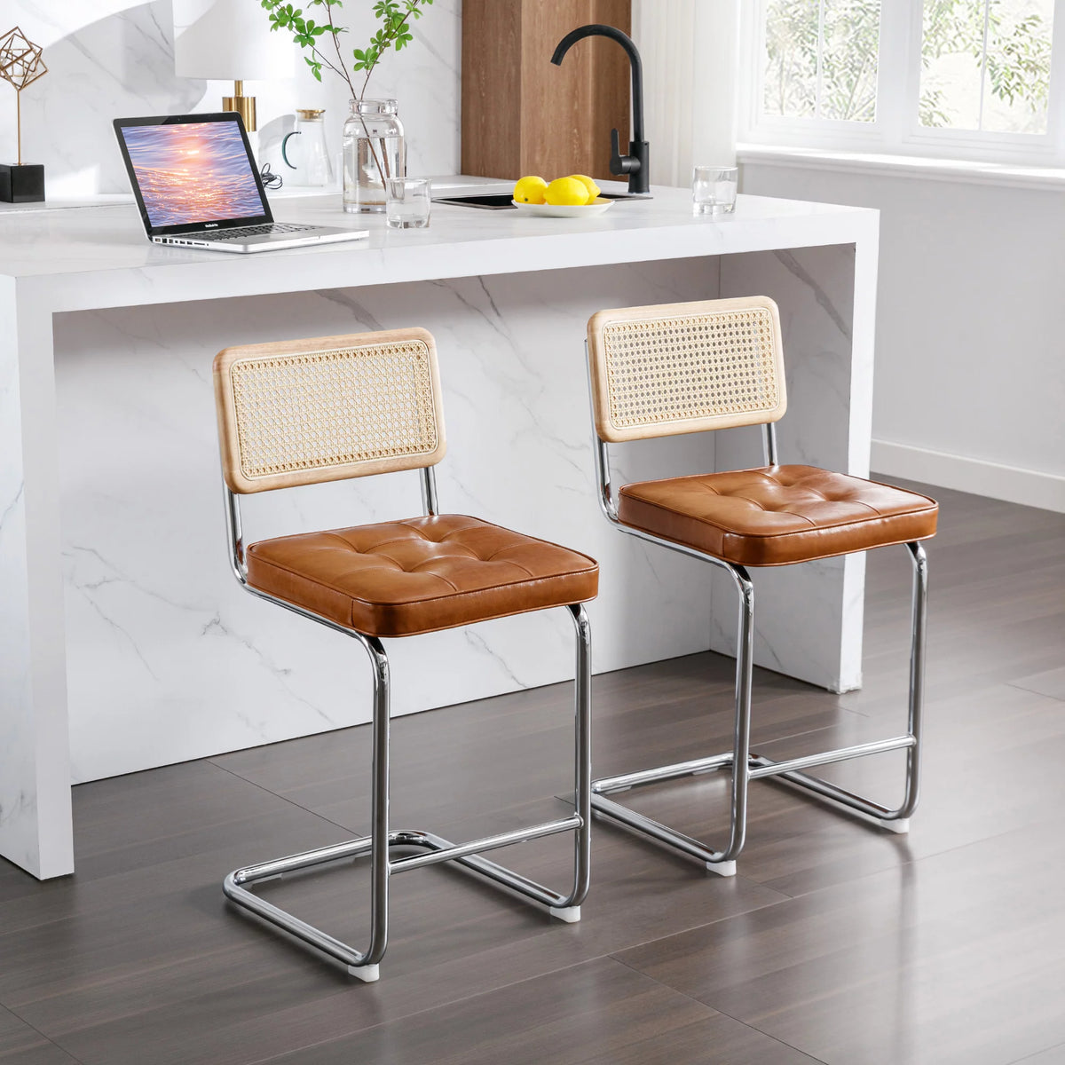 23.6 Inch Rattan Upholstered Bar Stools Set of 2 P497149