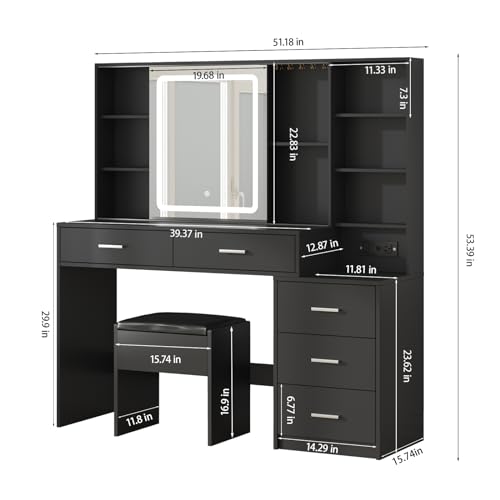 White Vanity Desk with Mirror and Lights 5 Drawers with Chair J548