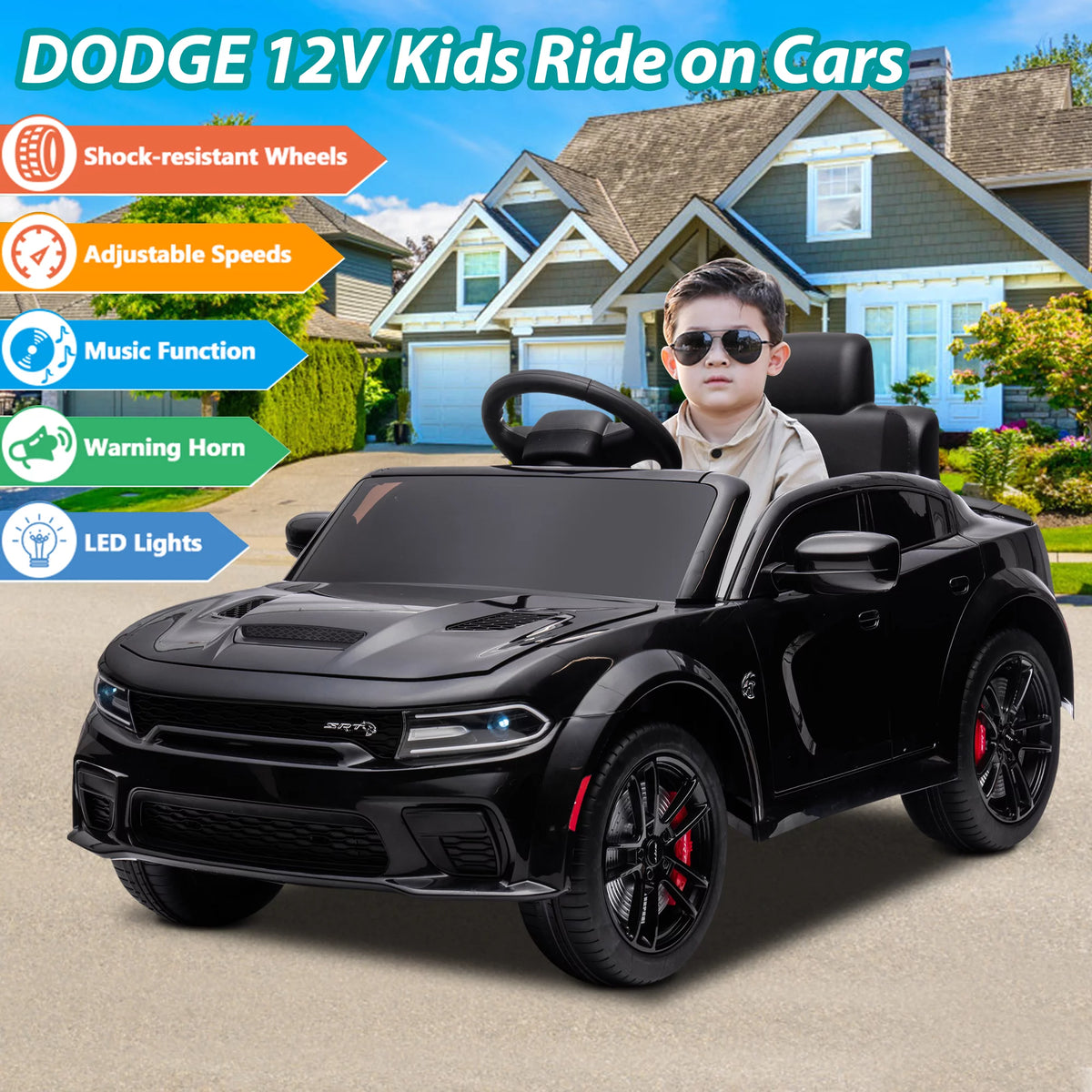 12V Black Dodge Charger Ride On Car with Remote Control L953