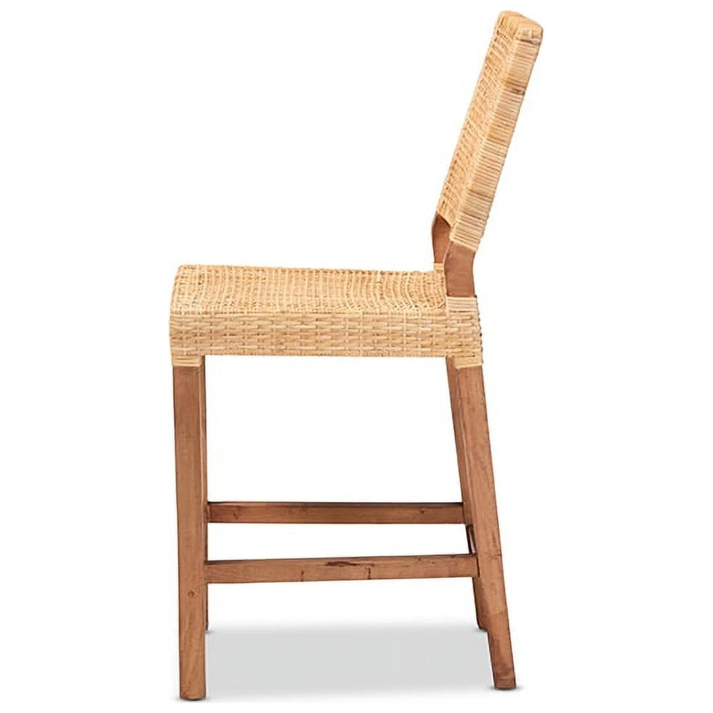 Natural Brown Rattan and Walnut Brown Wood Counter Stool K317