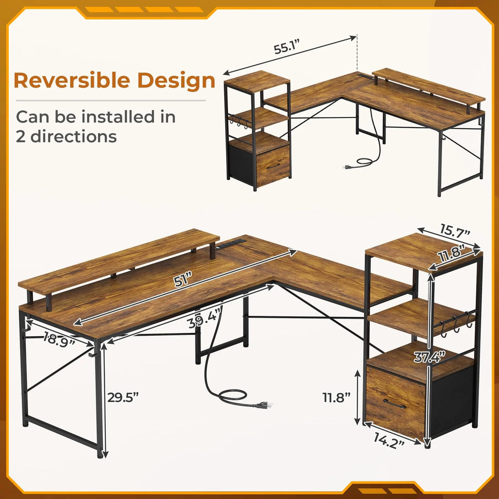 L Shaped Desk with Fabric File Drawer and Power Outlets T930