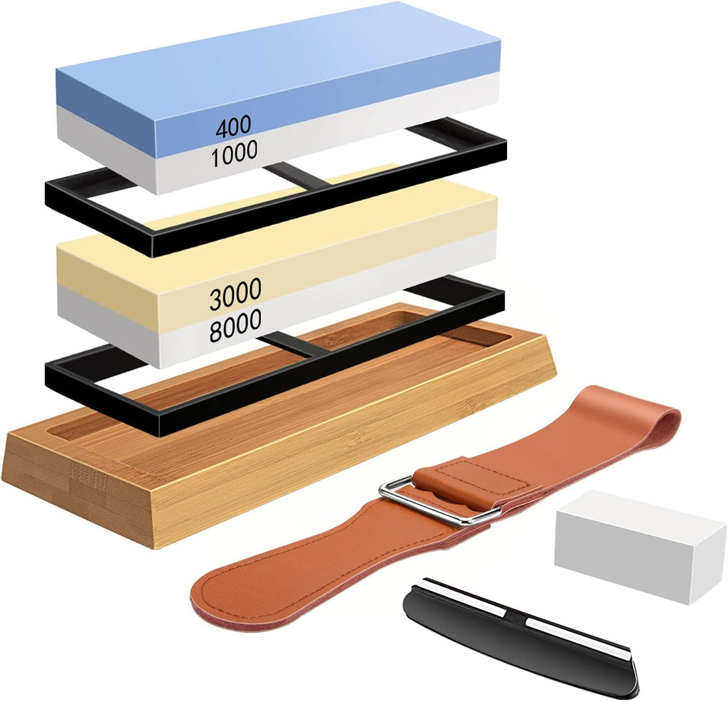 4 Side Grit 400/1000 3000/8000 Whetstone Set with Bamboo Base B329
