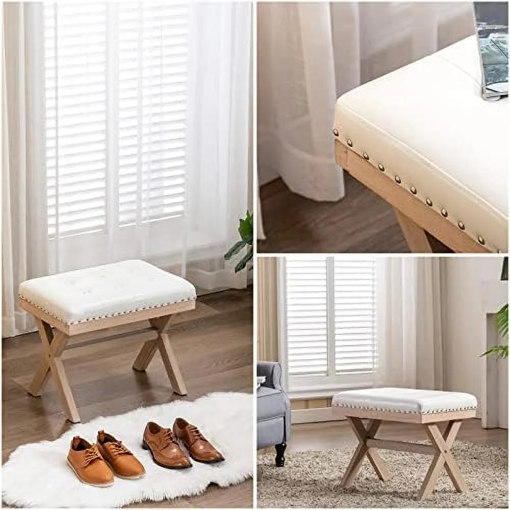 Burlap Linen Fabric Upholstered Bench Ottoman with X-Shaped Wooden Legs B314