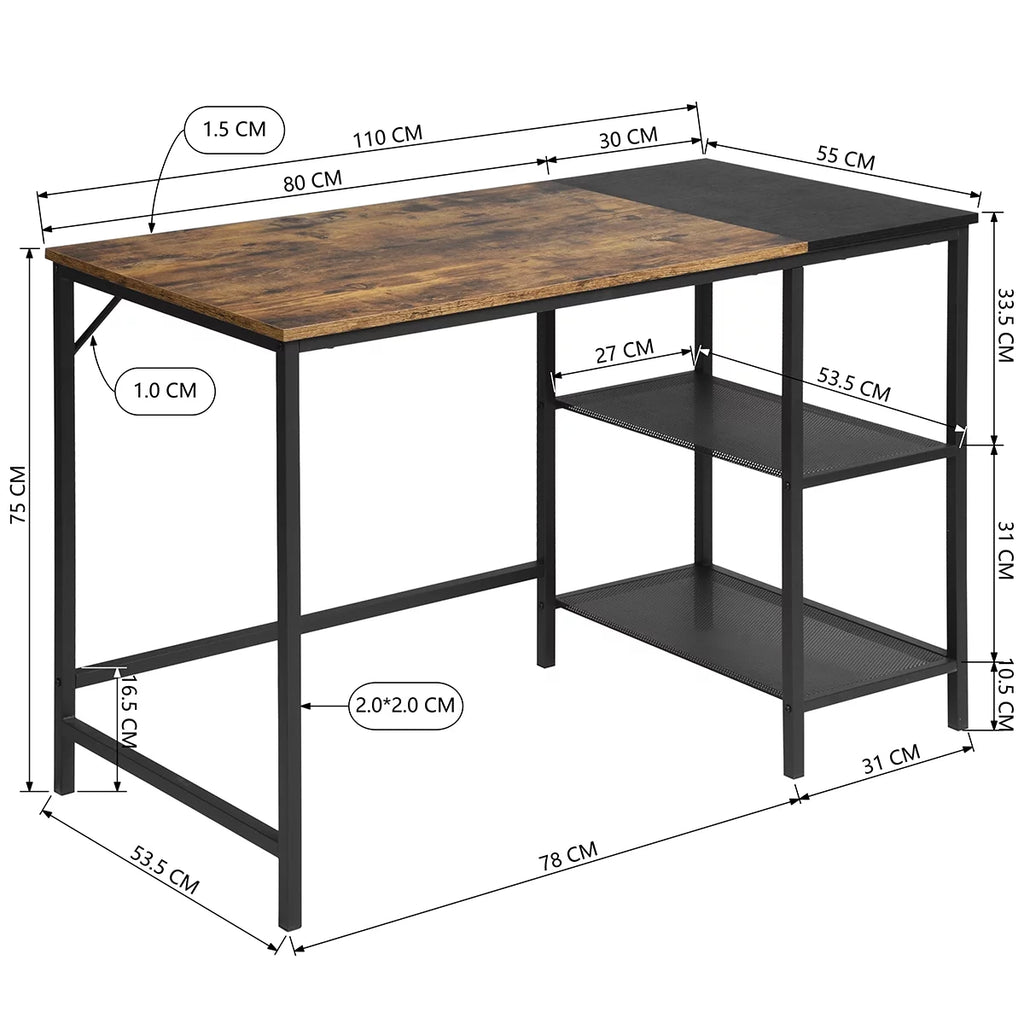 Black Study Desk with 2 Storage Shelves Metal Frame W86643