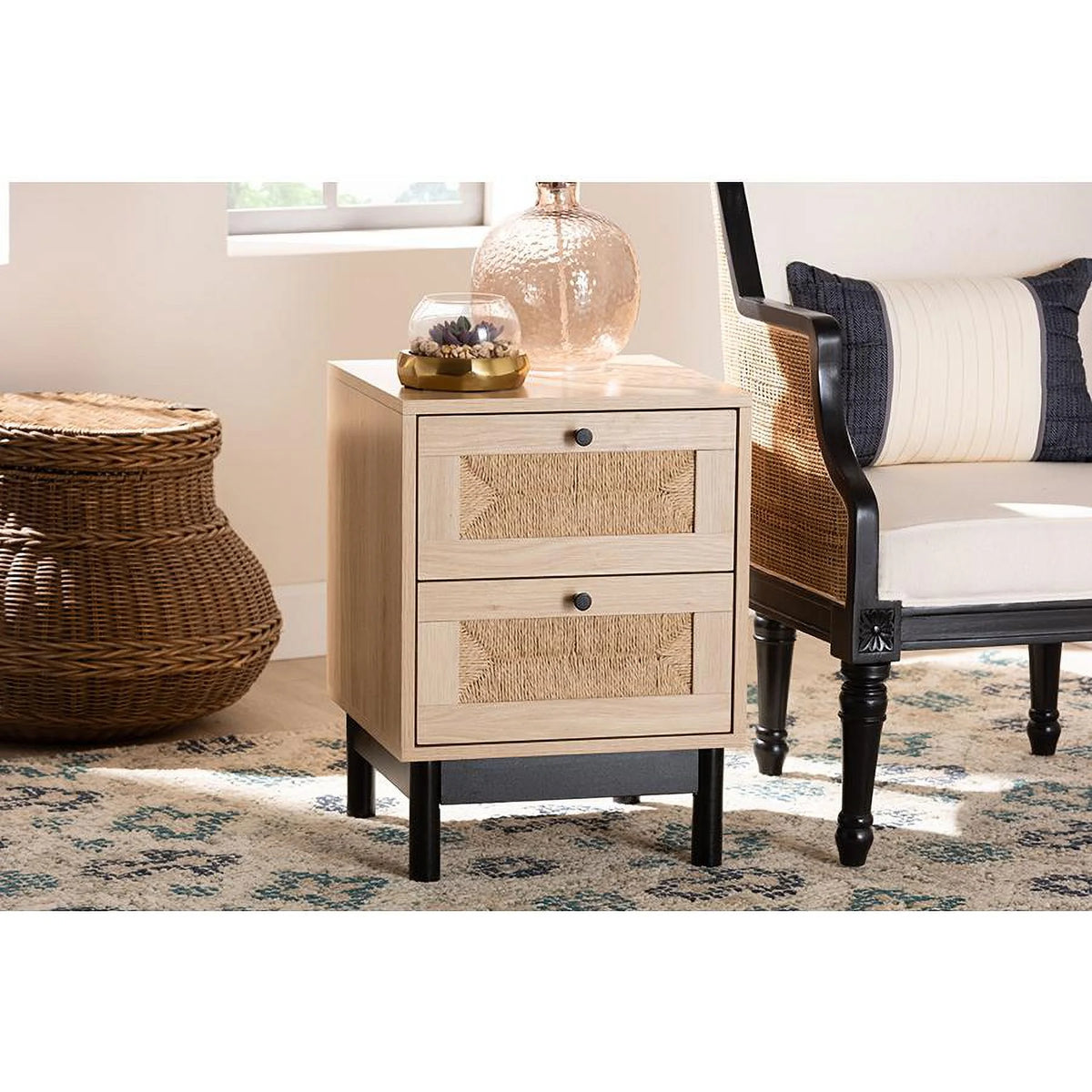 Light Brown Black Wood 2-Drawer Square End Table A464621