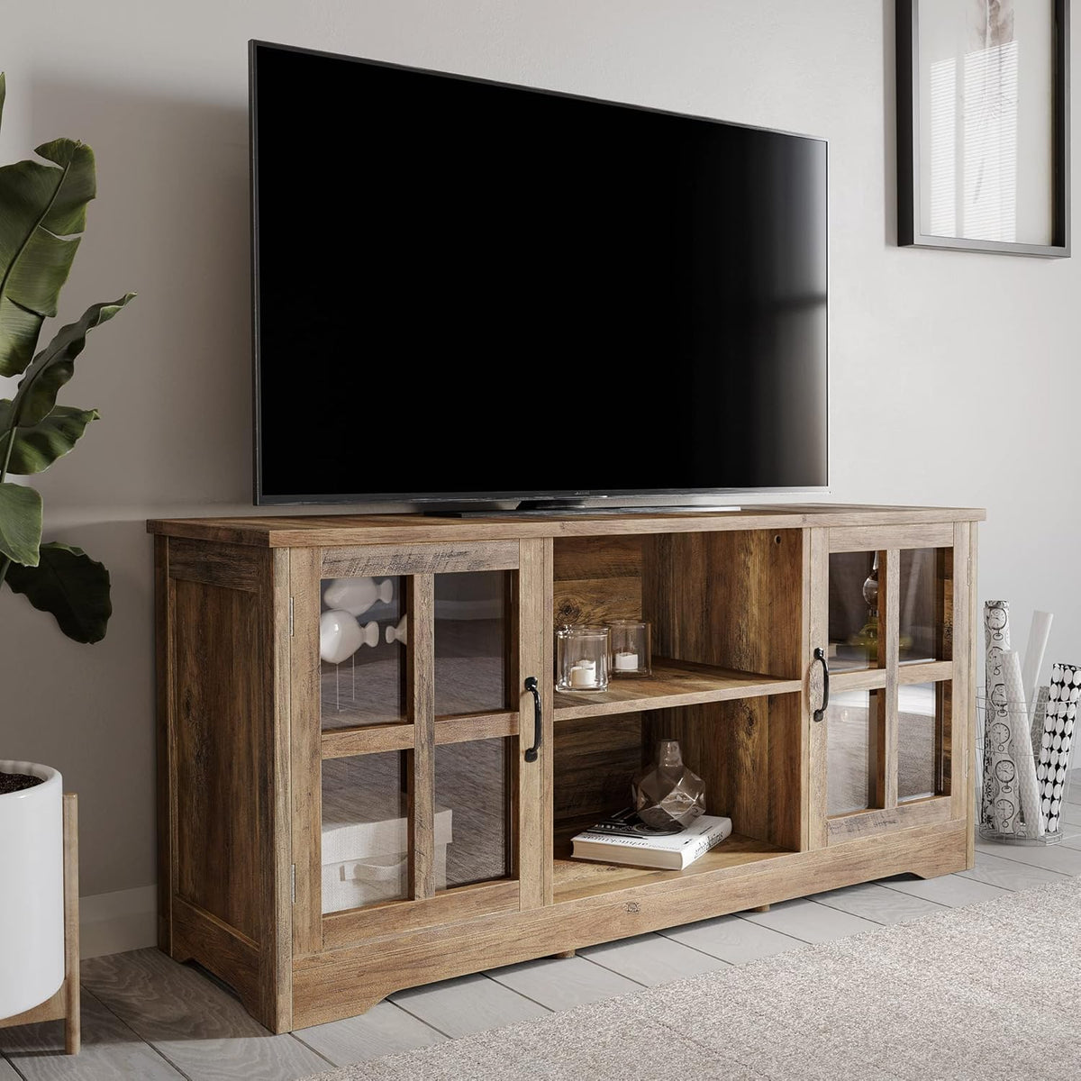 Espresso TV Stand with Wood Glass Storage Cabinets F43284