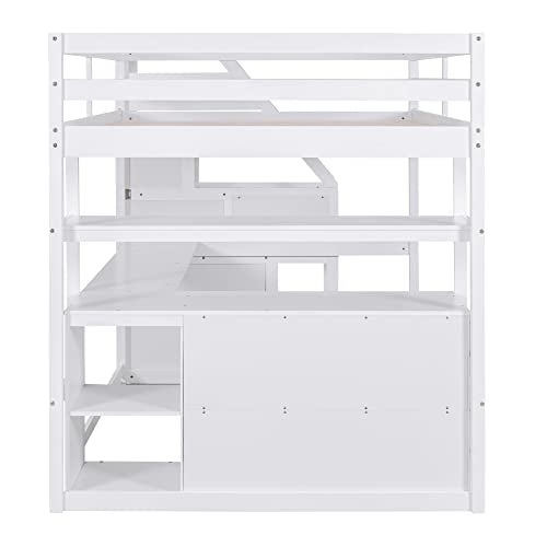 White Solid Wood Twin Loft Bed with Stairs and Desk H25697