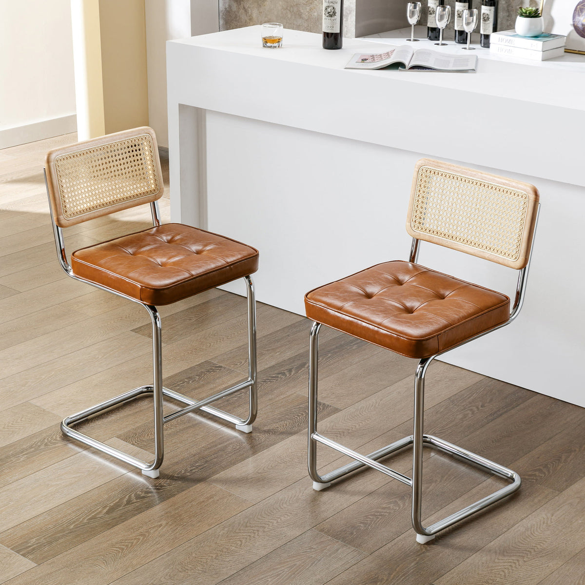23.6 Inch Rattan Upholstered Bar Stools Set of 2 P497149