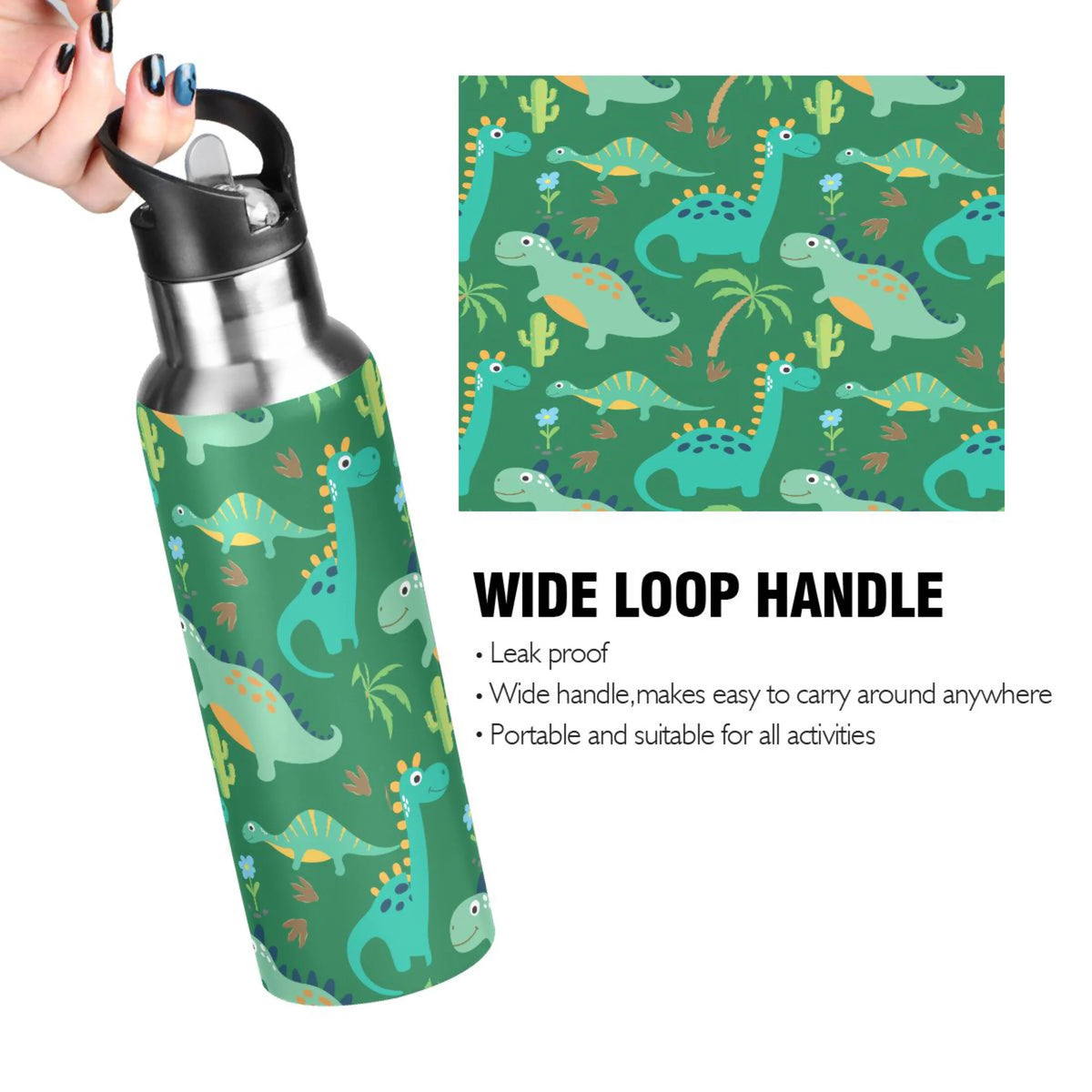 Dinosaur Green Stainless Steel Insulated Water Bottle with Straw Lid S936
