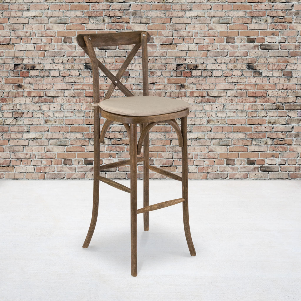 Dark Antique Wood Cross Back Barstool with Cushion J6261