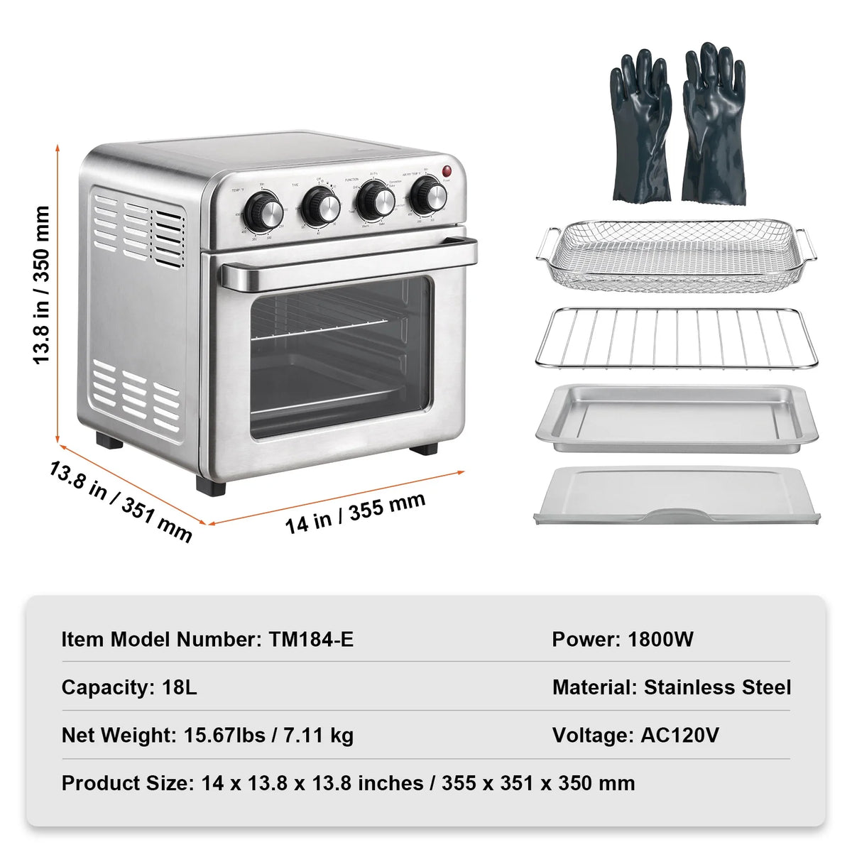 7-IN-1 Air Fryer Toaster Oven 18L Stainless Steel 1700W I943444