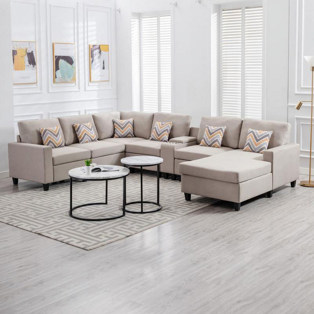 Beige Fabric Reversible Sectional with Charging Port and Storage Console Q29895