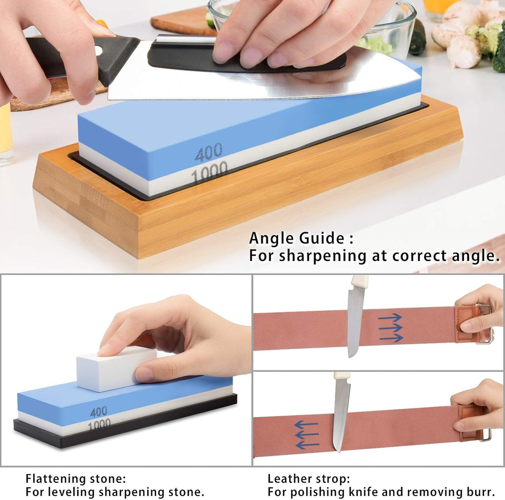4 Side Grit 400/1000 3000/8000 Whetstone Set with Bamboo Base B329