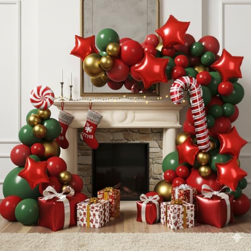 Red and Green Christmas Balloon Arch Kit with Candy Cane and Star Foil Balloons D84144