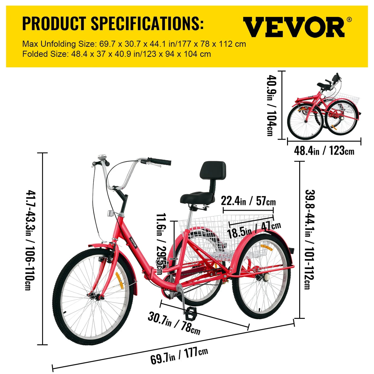 Foldable Tricycle 24 inch Wheels Red Trike with Basket W5604