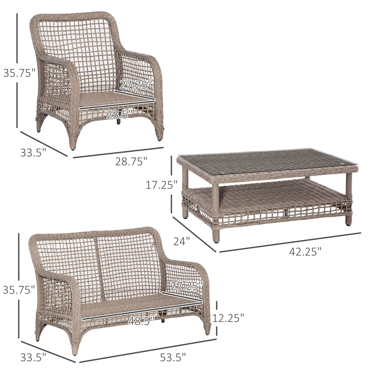 4pc Outdoor Patio Furniture Set with Rattan Chairs, Wicker Loveseat Sofa, Coffee Table and Cushions Q7681