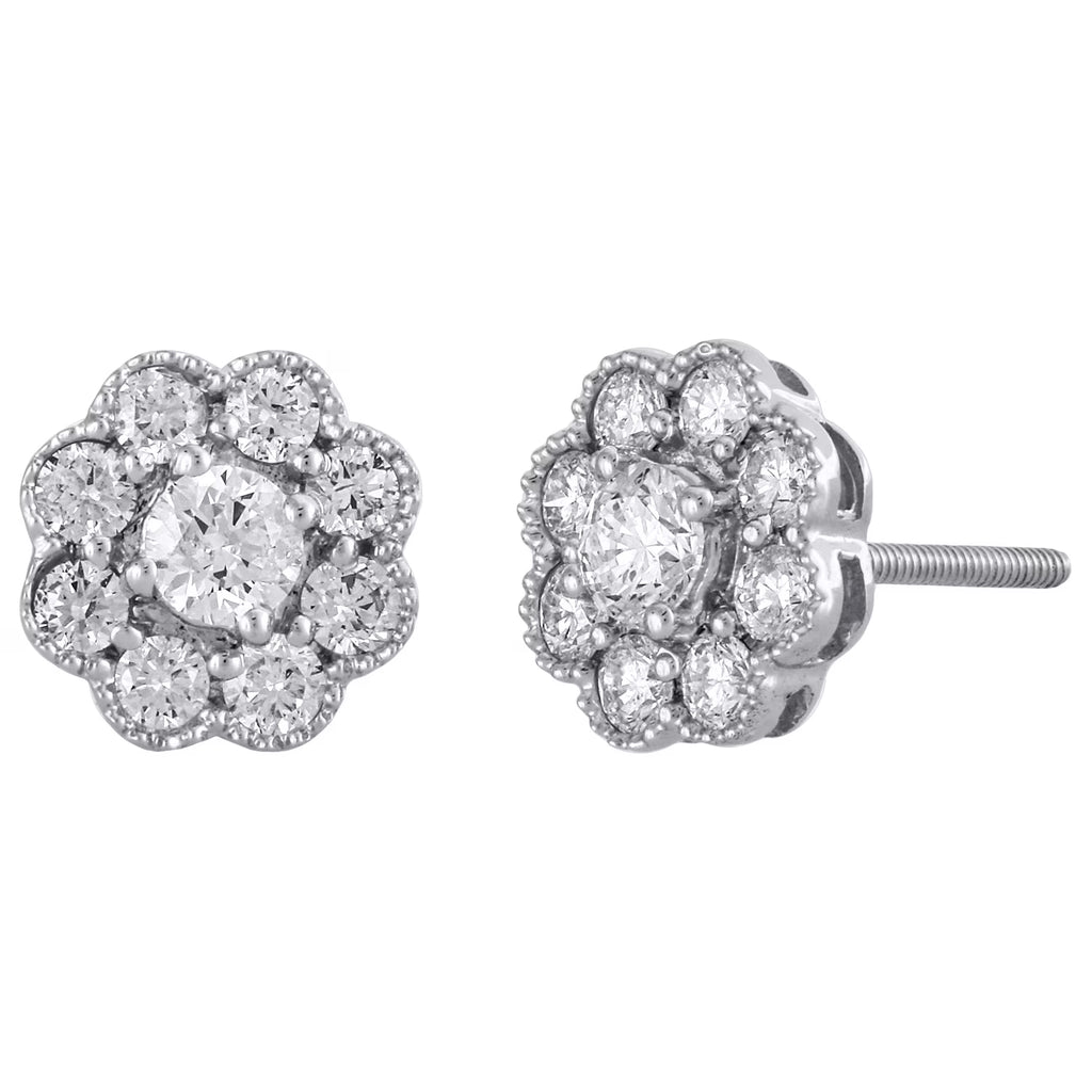 14K White Gold Solitaire Diamond Flower Stud Earrings 1 CT. K1572