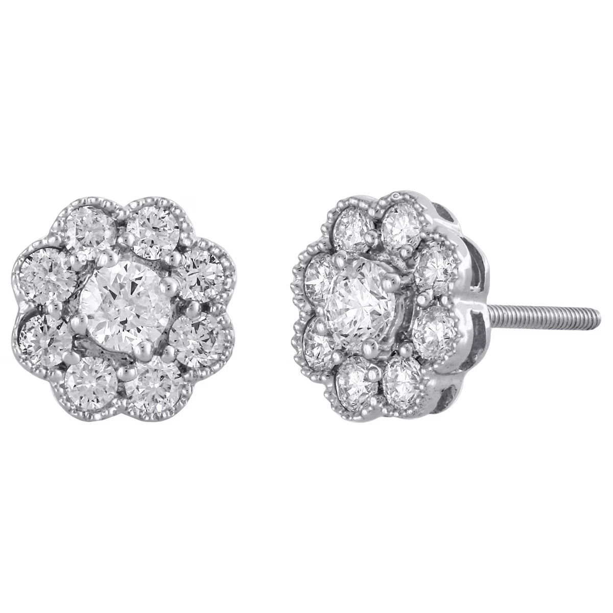 14K White Gold Solitaire Diamond Flower Stud Earrings 1 CT. K1572