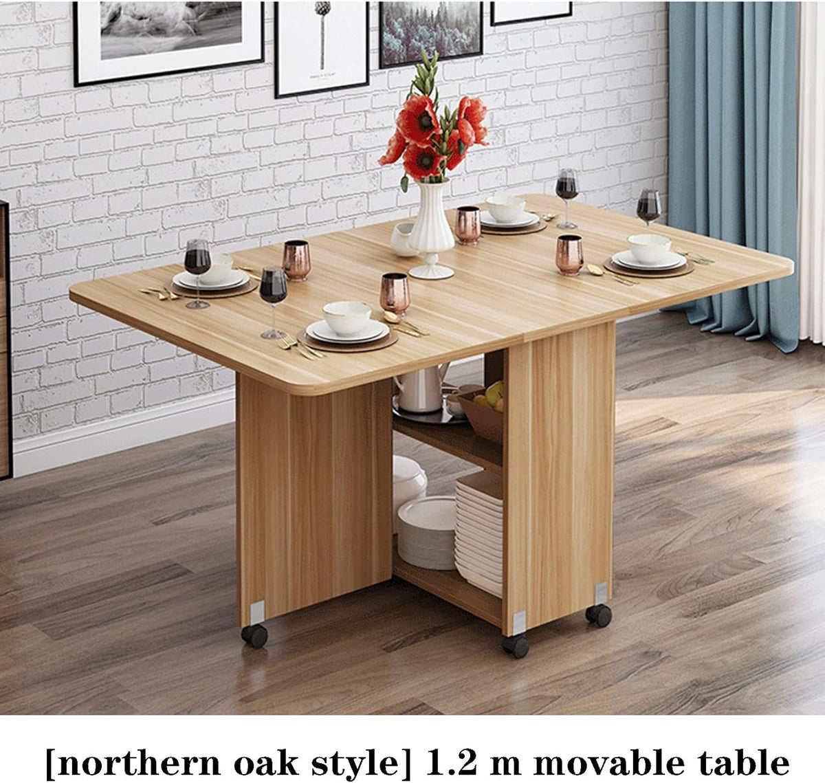 Expandable Rectangle Wood Drop Leaf Dining Table with 6 Wheels H1249