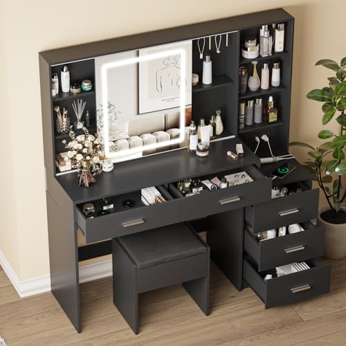 White Vanity Desk with Mirror and Lights 5 Drawers with Chair J548