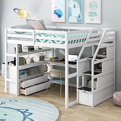 White Solid Wood Twin Loft Bed with Stairs and Desk H25697