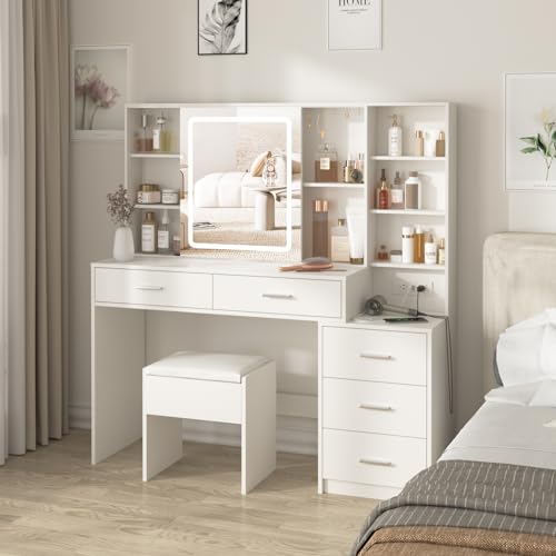 White Vanity Desk with Mirror and Lights 5 Drawers with Chair J548