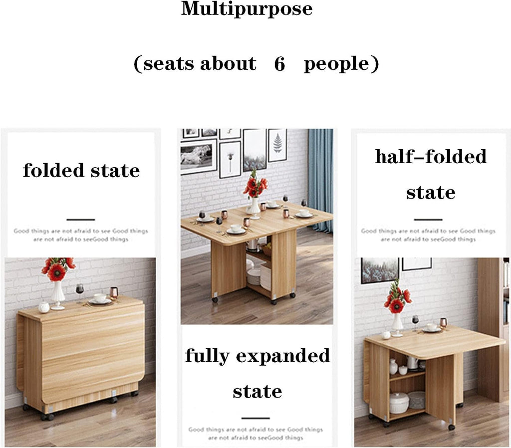 Expandable Rectangle Wood Drop Leaf Dining Table with 6 Wheels H1249