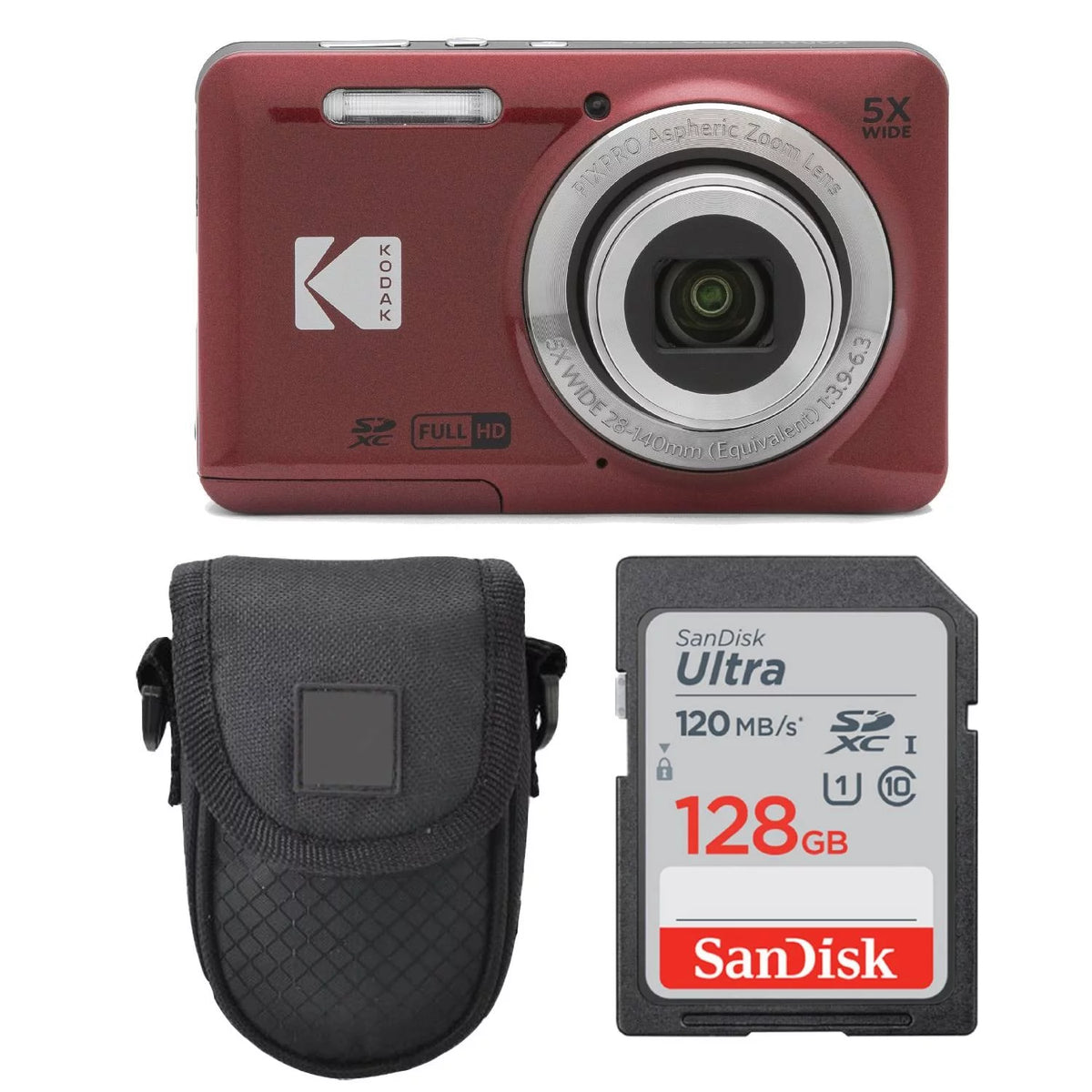Red Digital Camera with 128GB SDXC Memory Card and Case T8034