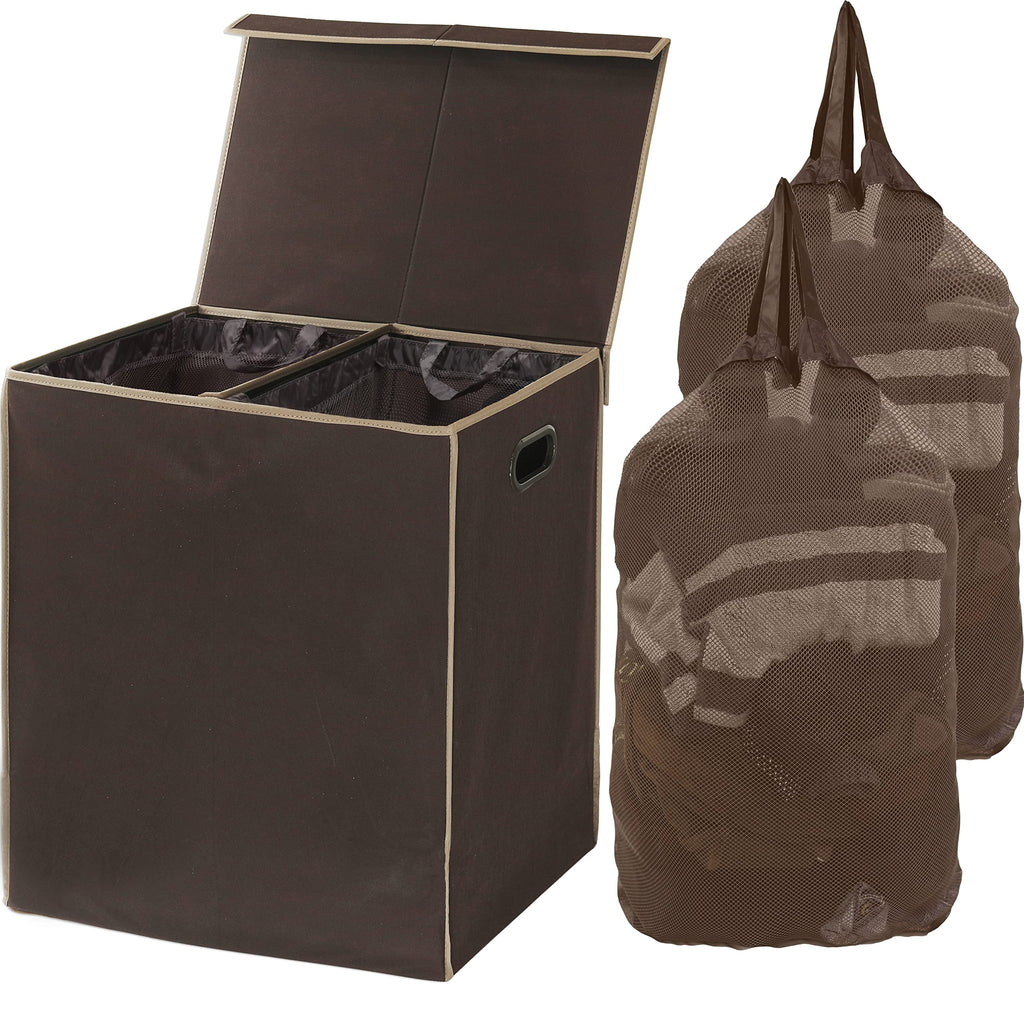 Brown Double Laundry Hamper with Lid and Removable Bags D610419