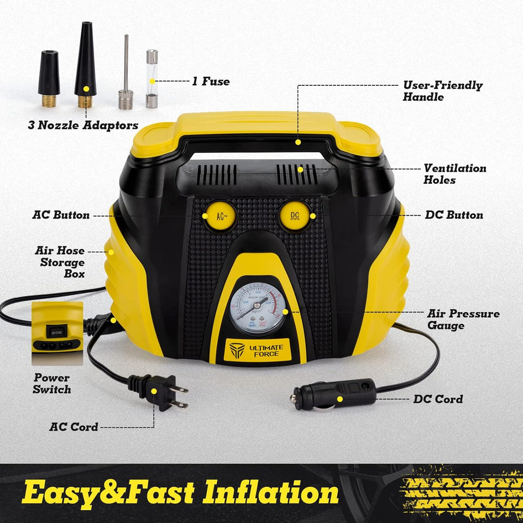 Portable Tire Inflator 12 V Air Compressor Pump with Dual Power, 3 Air Nozzle and Carrying Case, Yellow P99854
