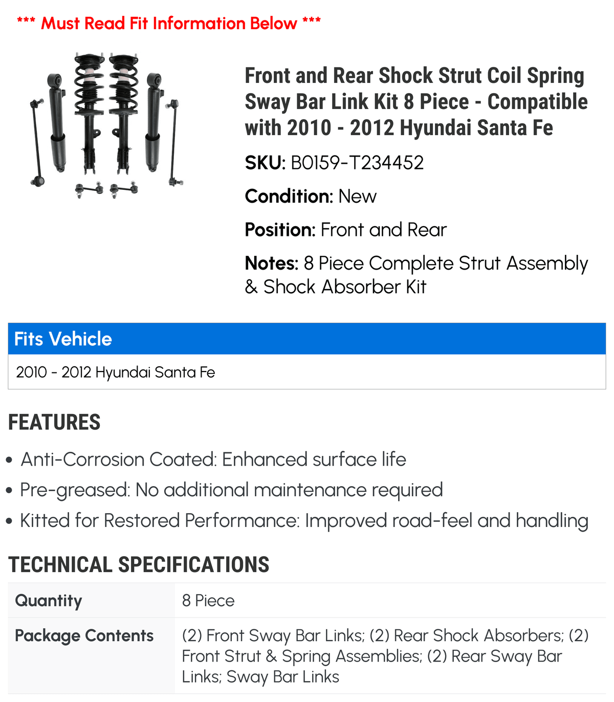 Shock Strut Coil Spring Sway Bar Link Kit 8 Piece G718