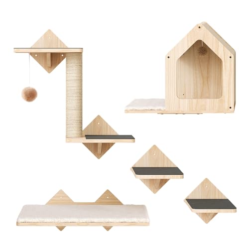 Natural Wood Cat Wall Shelves Set of 5 with House Steps Scratching Post Perch G7549