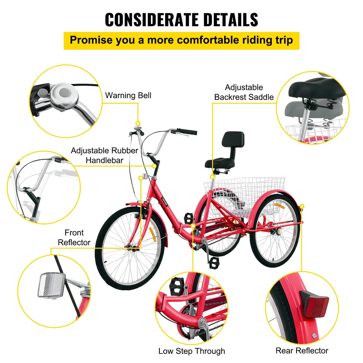 Foldable Tricycle 24 inch Wheels Red Trike with Basket W5604