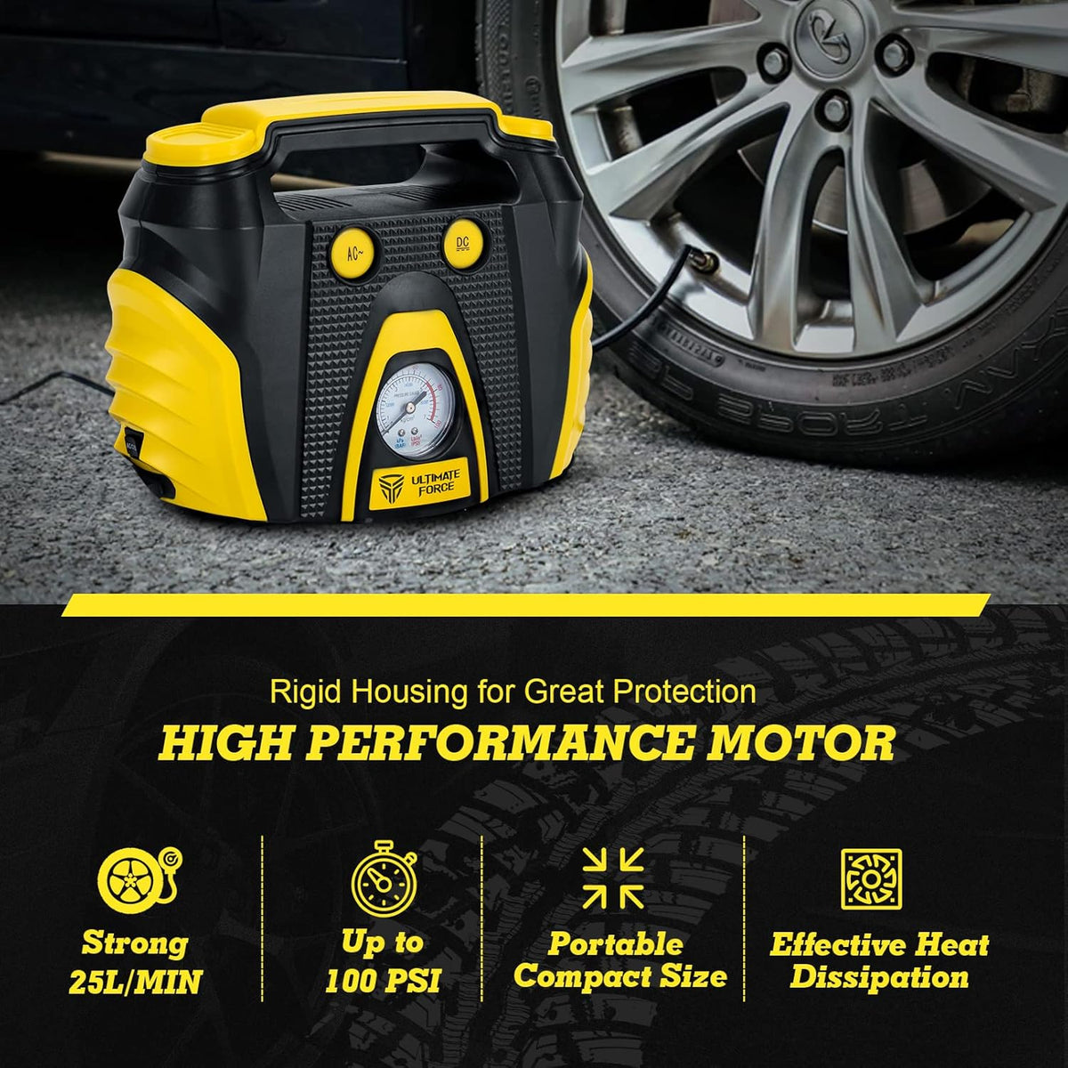 Portable Tire Inflator 12 V Air Compressor Pump with Dual Power, 3 Air Nozzle and Carrying Case, Yellow P99854